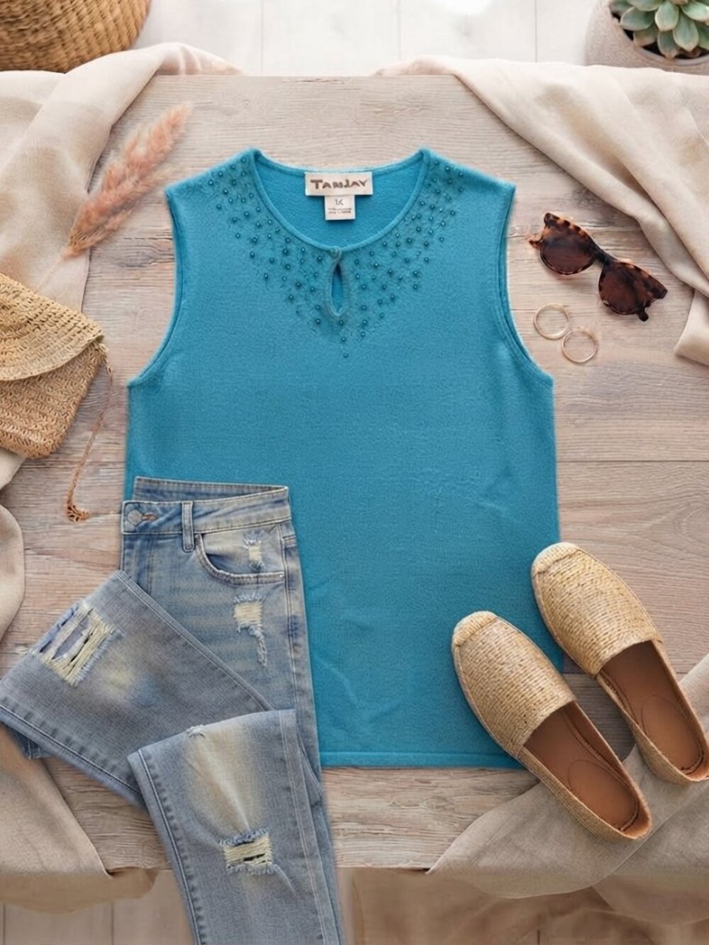 TanJay Blue Knit Sequins Sleeveless Top Size 1X